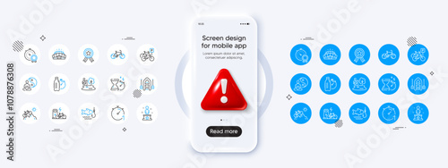 Fishing, Success and Fishing place line icons. Phone mockup with 3d danger icon. Pack of Electric bike, Mountain bike, Winner ribbon icon. Fitness water, Yoga, Arena stadium pictogram. Vector