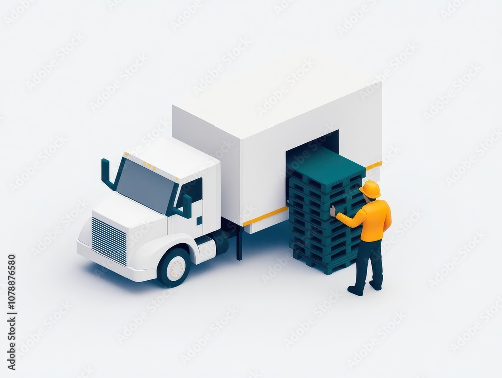 Workers unloading blue pallets from a truck into a white warehouse, minimalist isometric view on a white background Workers unloading blue pallets from a truck into a white warehouse, minimalist isometric view on a white background