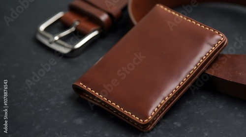 On a dark background is a brown leather wallet stitched with light thread, next to it lies a leather belt with a steel buckle. New leather goods.