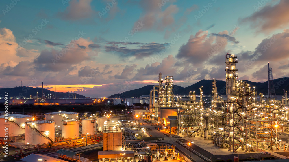 Fototapeta premium Oil and gas refinery industrial storage tank with oil and gas refinery plant at night, Refinery oil and gas power energy industrial, Oil and gas refinery petrochemical product plant pipeline steel.