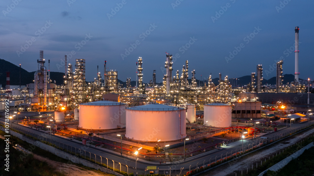 Oil and gas refinery industrial storage tank with oil and gas refinery plant at night, Refinery oil and gas power energy industrial, Oil and gas refinery petrochemical product plant pipeline steel.