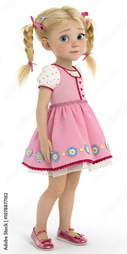 Cheerful child in traditional attire, wearing a pink dress with floral decorations, posing for a full body portrait Cheerful child in traditional attire, wearing a pink dress with floral decorations, posing for a full body portrait