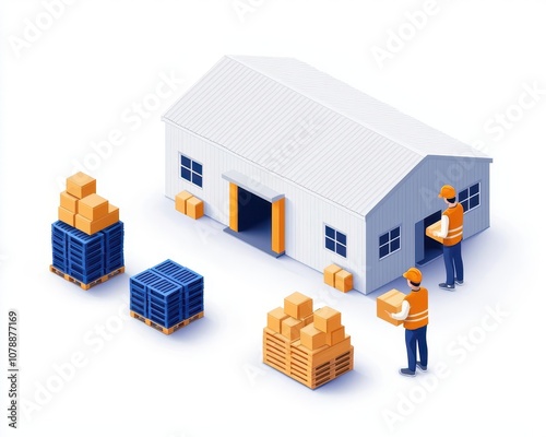 Minimalist warehouse illustration with blue pallets, workers unloading in an isometric style photo