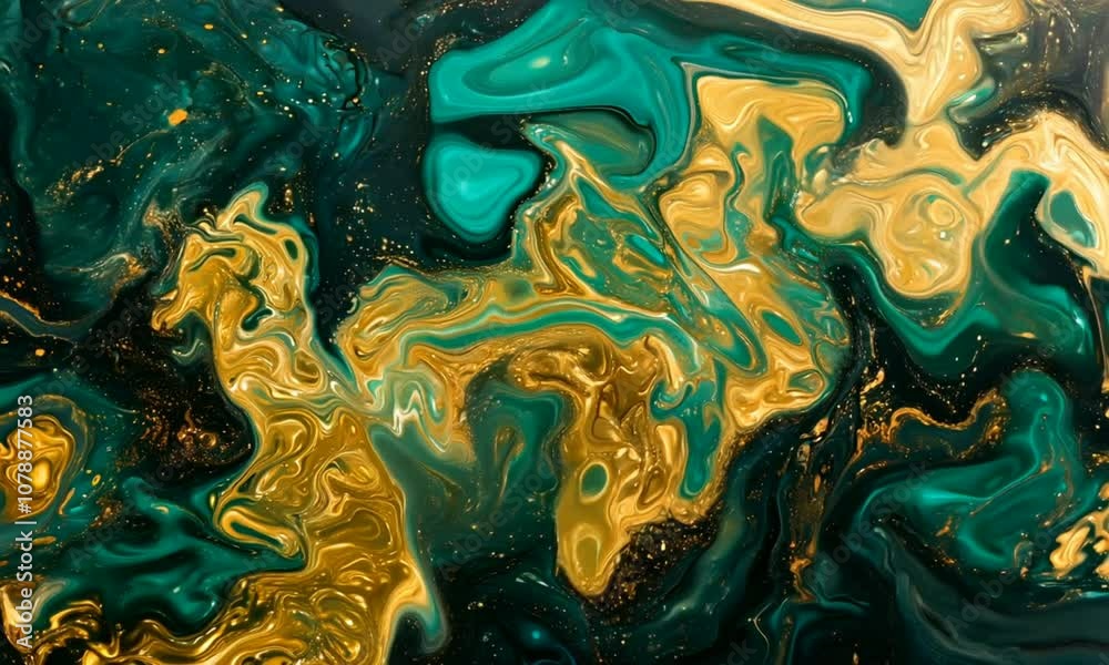 Abstract liquid art with swirling gold and green textures, modern fluid art in vibrant colors. seamless looping time-lapse 4K video background Abstract liquid art with swirling gold and green textures, modern fluid art in vibrant colors. seamless looping time-lapse 4K video background