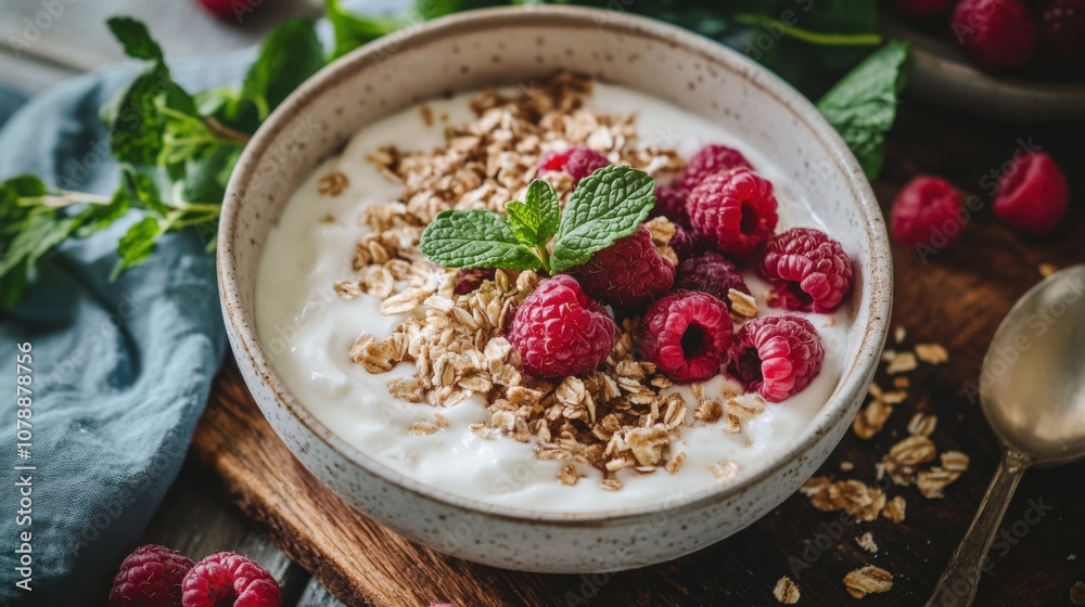 Yogurt with Granola and Raspberries Healthy Breakfast
