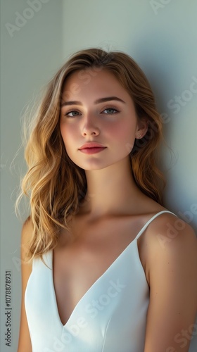 A woman in a white dress leaning against a wall