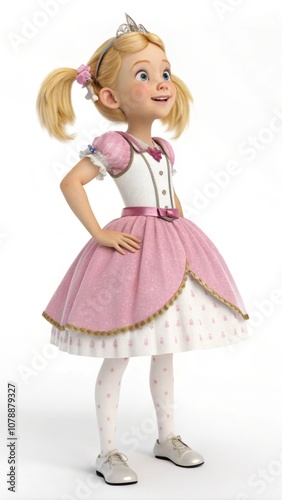 3d rendered illustration of a joyful princess in a pink dress and crown, with hands on hips and looking up