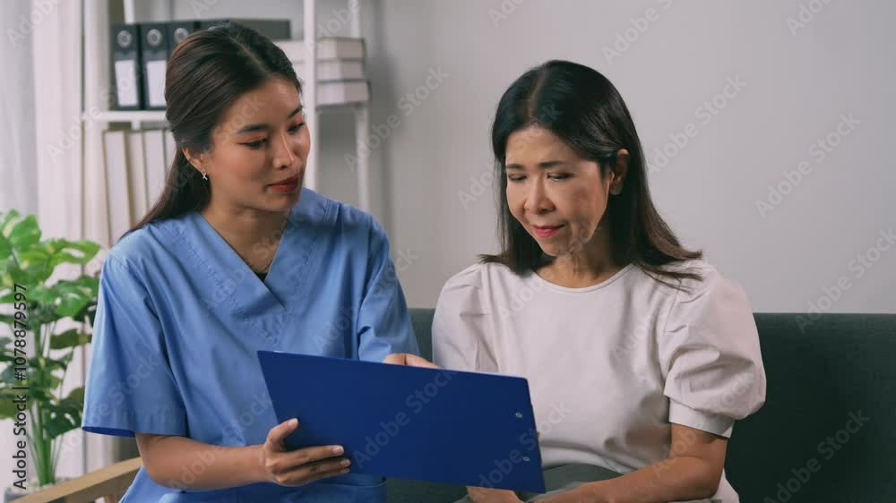 Young nurse explains medical information on a clipboard to a senior patient in a caring and supportive manner Young nurse explains medical information on a clipboard to a senior patient in a caring and supportive manner