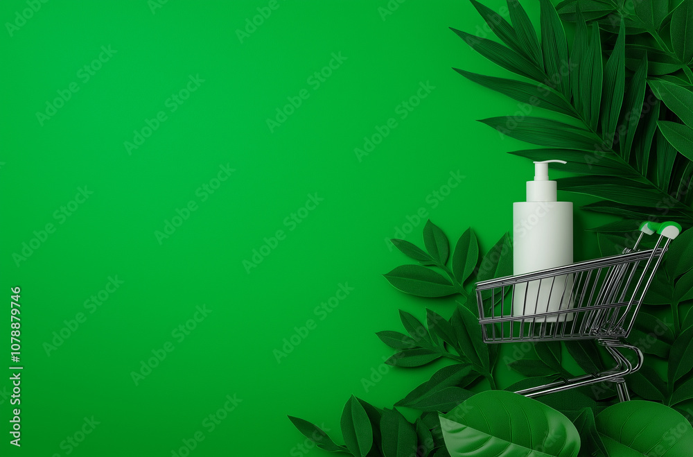 bottle in a shopping cart surrounded by tropical leaves bottle in a shopping cart surrounded by tropical leaves