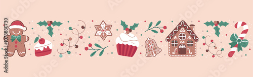 Christmas pattern with a cookie, lollipop, cupcake, gingerbread man, and house