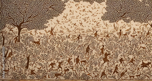 a traditional hunting scene with Warli hunters chasing deer and wild animals, using bows and arrows, set against a dense forest background.
