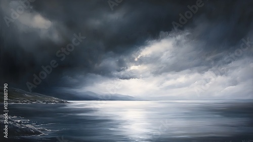 Dark stormy sky over a calm sea