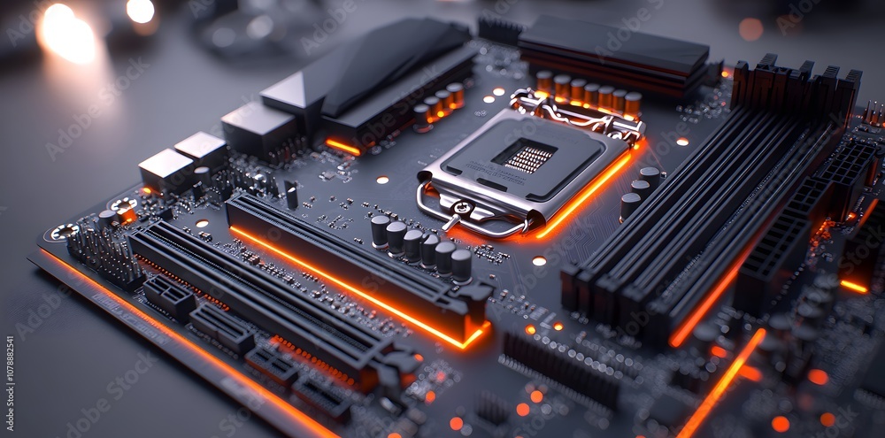 A close-up of a computer motherboard featuring glowing elements and various components. A close-up of a computer motherboard featuring glowing elements and various components.