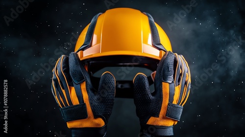 Close-up of a yellow sports helmet and gloves against a dark background. photo