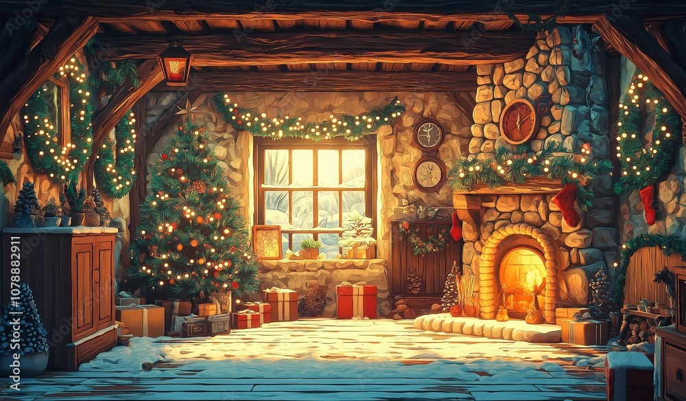 Obraz premium AI generator image of cozy Christmas, living room decorated for Christmas festival, Happy New Year 2025 miscellaneous illustrations,New Year's Eve, Christmas
