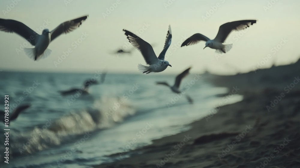 Seagulls Flying Over a Serene Beach at Dusk with Gentle Waves Lapping at the Shore and Soft Light Casting a Golden Hue on the Sand Seagulls Flying Over a Serene Beach at Dusk with Gentle Waves Lapping at the Shore and Soft Light Casting a Golden Hue on the Sand