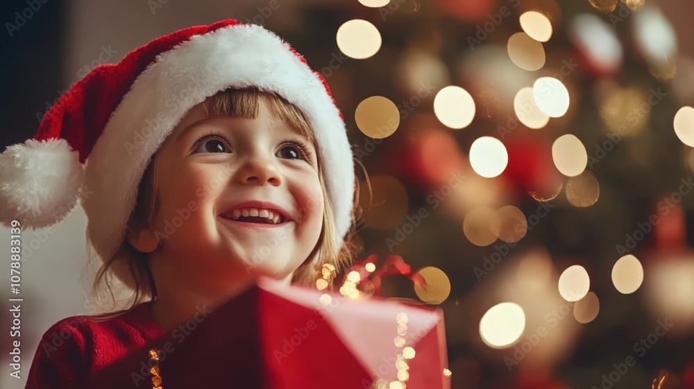 A young girl wearing a red hat and a red shirt is holding a red box A young girl wearing a red hat and a red shirt is holding a red box