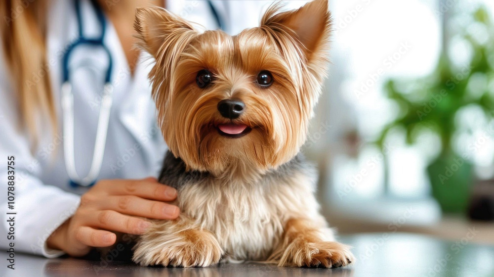 Adorable Yorkshire Terrier at Veterinary Clinic with Caring Vet, Showcasing Health Check and Expert Animal Care in Warm and Welcoming Environment Adorable Yorkshire Terrier at Veterinary Clinic with Caring Vet, Showcasing Health Check and Expert Animal Care in Warm and Welcoming Environment