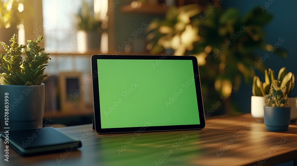 custom made wallpaper toronto digitaliPad with green screen on a wooden desk in a stylish home office setup