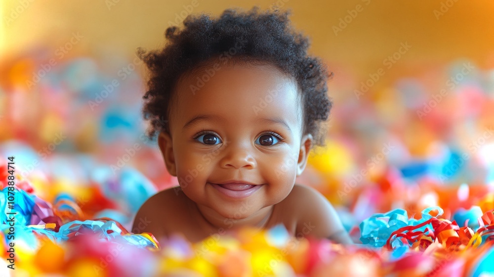 Happy African-American baby enjoying colorful surroundings in a playful and cheerful atmosphere