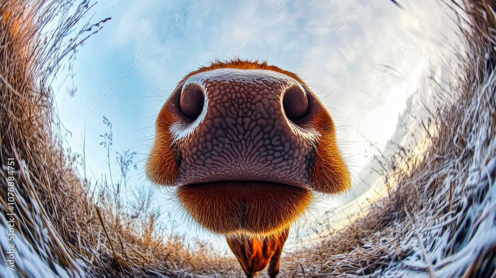 Farm panorama: close-up of cow's nose. Farm panorama: close-up of cow's nose.