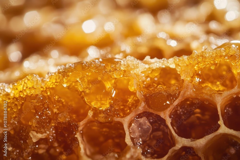 Close-up of honeycomb with golden honey oozing from cells Close-up of honeycomb with golden honey oozing from cells