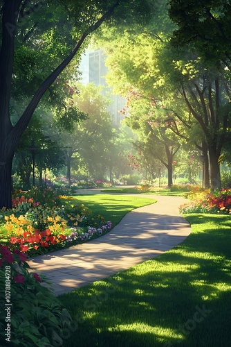 A lush green park with tall trees, colorful flower beds, and a peaceful walking path for leisurely strolls.