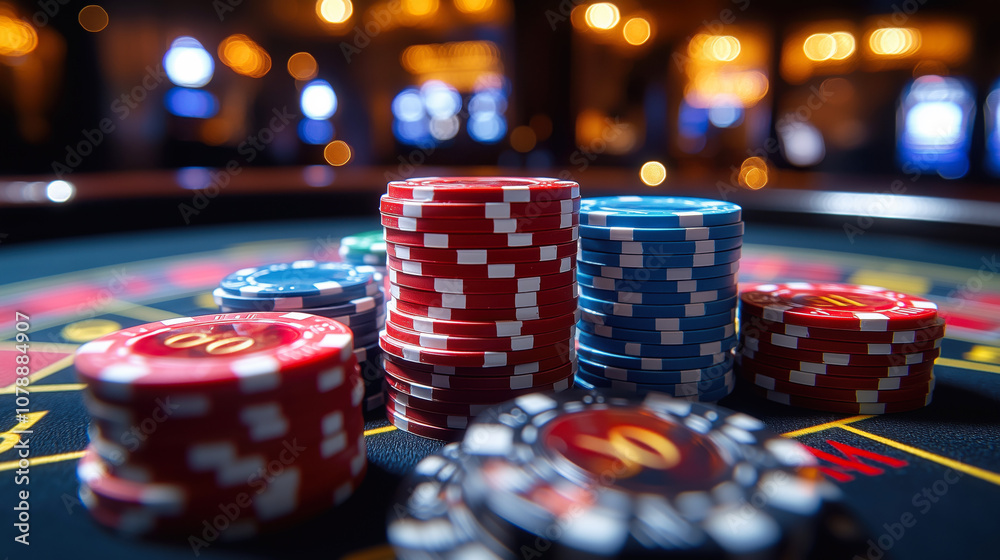 Colorful poker chips are stacked high on a roulette table, suggesting a game in progress in a bustling casino environment with blurred lights in the background Colorful poker chips are stacked high on a roulette table, suggesting a game in progress in a bustling casino environment with blurred lights in the background