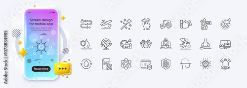 Fake internet, Face scanning and Medical flight line icons for web app. Phone mockup gradient screen. Pack of Nasal test, Fingerprint, Waterproof pictogram icons. Vector