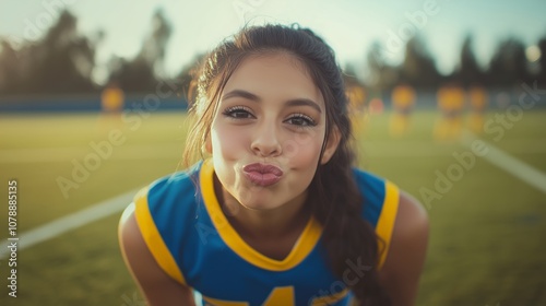 A young woman in a cheerleading uniform making a funny face.