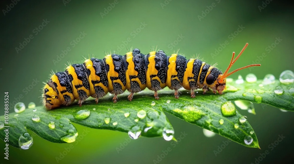 Vibrant Yellow and Black Caterpillar Crawling on Dewy Green Leaf Surrounded by Nature's Beauty and Freshness, Close-Up Photography Capturing Intricate Details Vibrant Yellow and Black Caterpillar Crawling on Dewy Green Leaf Surrounded by Nature's Beauty and Freshness, Close-Up Photography Capturing Intricate Details