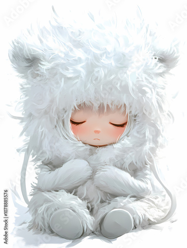 Cute Anime Manga Girl with Fluffy Toy Illustration