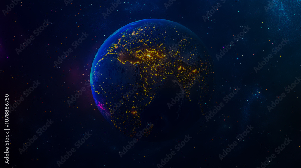 Digital illustration of a glowing Earth from space at night, showcasing South Asia illuminated by vibrant city lights and surrounded by celestial bodies.