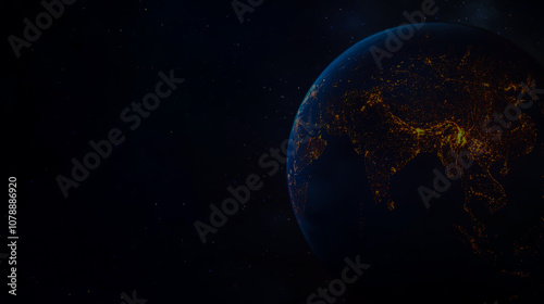 Digital illustration of a glowing Earth from space at night, showcasing South Asia illuminated by vibrant city lights and surrounded by celestial bodies.