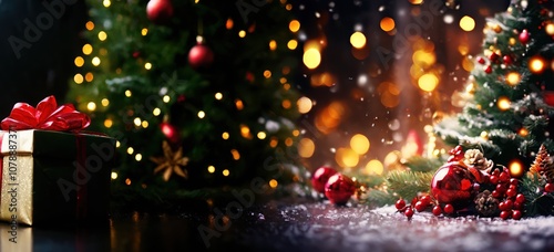 Festive blur background with Christmas tree, toys, pine cones and gifts with copy space. Merry Xmas.