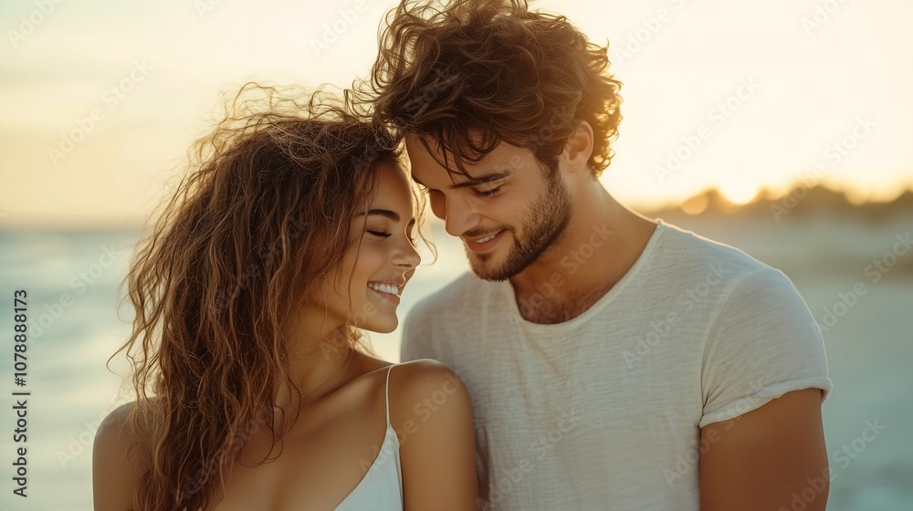 couple standing beach hair smiled face youth natural disheveled long white happy flowing fur
