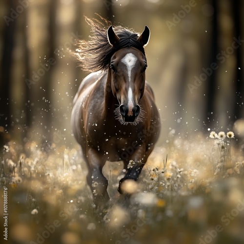 horse running field flowers blurred background models spirit towards professional portrait cartoon animal energy upbeat