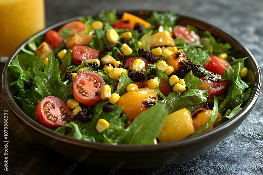 A bowl of fresh salad with lettuce, cherry tomatoes, grilled bell peppers, corn kernels, and sunflower seeds. A bowl of fresh salad with lettuce, cherry tomatoes, grilled bell peppers, corn kernels, and sunflower seeds.