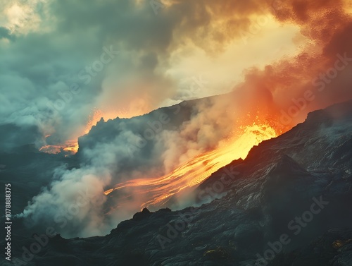 Dramatic scene of a volcano erupting with lava spewing from the crater, thick ash clouds, showcasing nature's raw power	