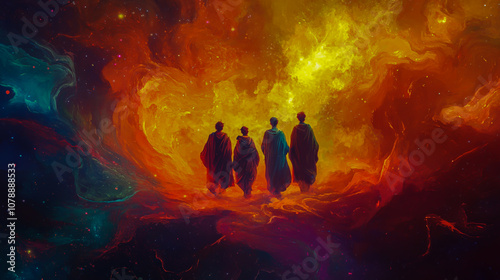 Illustrated within a vibrant swirling nebula, emphasizing their unwavering faith amid trials and tribulations. photo