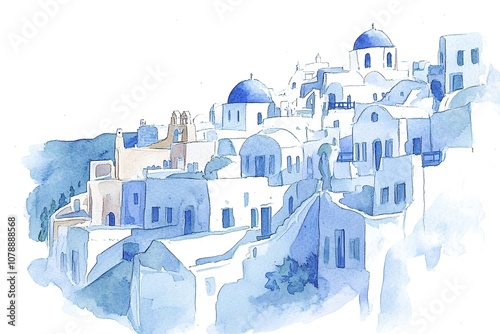 Artistic watercolor of Santorini. Watercolor of the famous city of Oia. Old famous mills. Romantic holidays and a nice souvenir. Oia, Santorini, Greece
