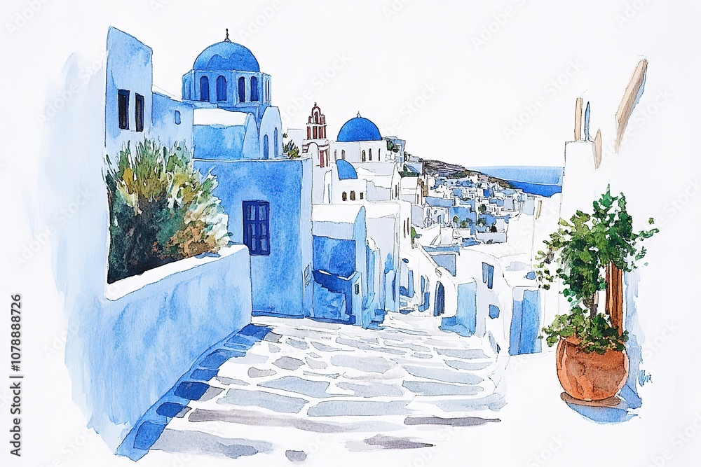 Fototapeta premium Artistic watercolor of Santorini. Watercolor of the famous city of Oia. Old famous mills. Romantic holidays and a nice souvenir. Oia, Santorini, Greece