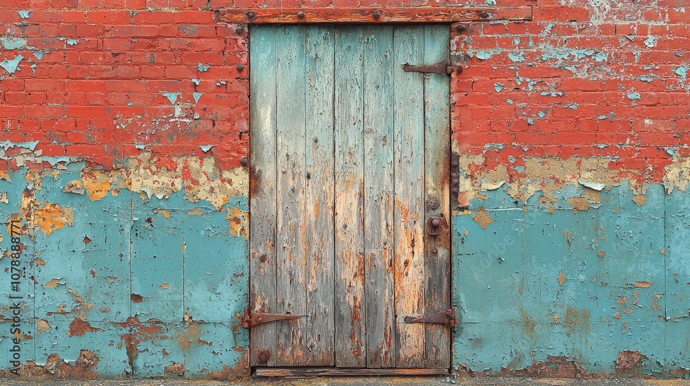 A weathered wooden door set against a peeling red and turquoise brick wall. A weathered wooden door set against a peeling red and turquoise brick wall.