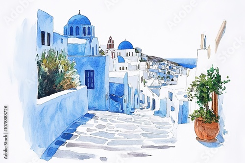 Artistic watercolor of Santorini. Watercolor of the famous city of Oia. Old famous mills. Romantic holidays and a nice souvenir. Oia, Santorini, Greece
