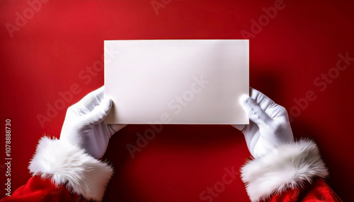 Santa Claus hands wearing white gloves holding a blank card on a vibrant red background, ideal for Christmas and holiday season themes 