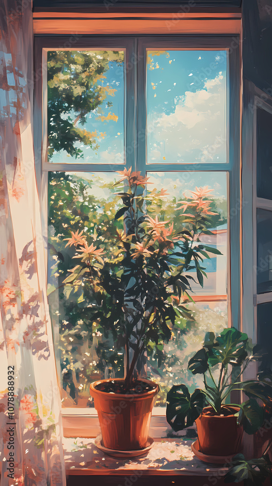 Anime Manga Illustration: Cozy Plant by the Window Nostalgic Art Anime Manga Illustration: Cozy Plant by the Window Nostalgic Art