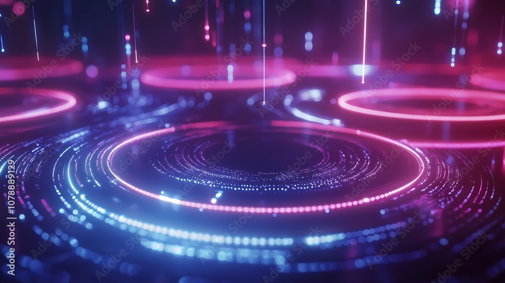Futuristic neon glowing circles and abstract lines forming a digital network effect Futuristic neon glowing circles and abstract lines forming a digital network effect