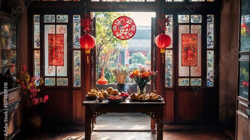 chinese new year decorations, house adorned for chinese new year with red couplets, paper cutouts, and a table honoring ancestors with fruit and incense photo