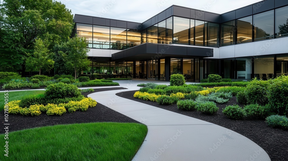 Sleek office building surrounded by a manicured garden, with clean paths and elegant plant arrangements Sleek office building surrounded by a manicured garden, with clean paths and elegant plant arrangements