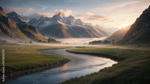 Tranquil Sunrise Over Lush Mountain Valley